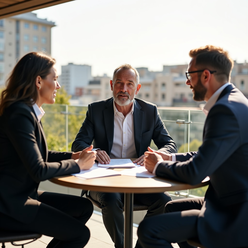 A diverse team of financial education professionals in their 40s discussing real estate crowdlending concepts on an outdoor terrace workspace in Buenos Aires