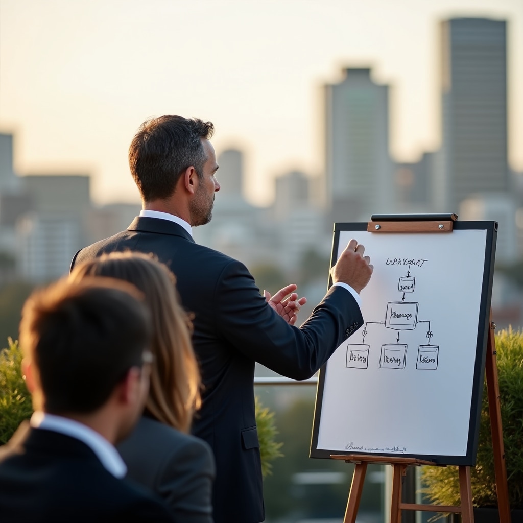 A 45-year-old Latin American male financial educator in formal business attire presenting crowdlending concepts on a whiteboard outdoors on a professional rooftop terrace, warm afternoon light, engaged and authoritative expression, Buenos Aires skyline visible