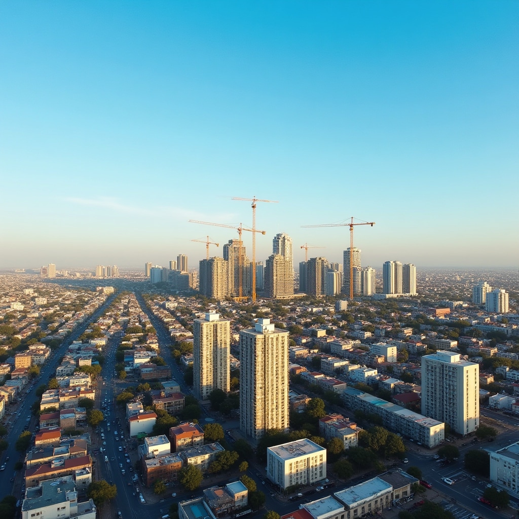 Wide aerial shot of a mid-sized Argentine provincial city with mixed residential and commercial development, modern construction projects visible alongside older buildings, clear blue sky, warm afternoon light showing urban growth patterns