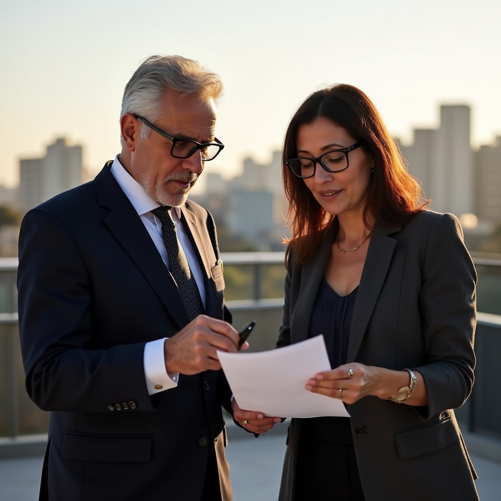 Two senior financial education professionals in their 40s reviewing documents at an outdoor rooftop workspace with Buenos Aires urban skyline in the background, warm natural light, professional formal attire