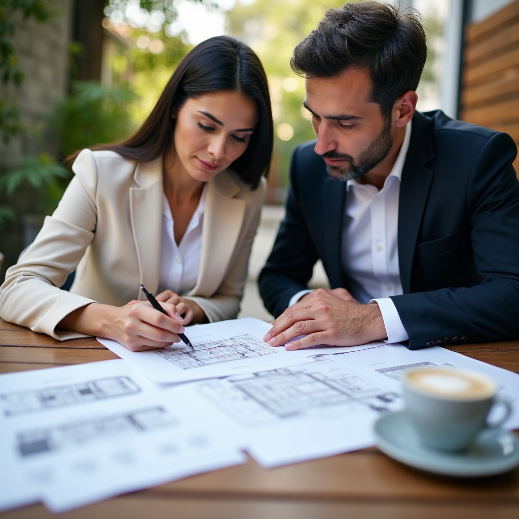 Close-up medium shot of two professionals in their 40s with diverse ethnic backgrounds reviewing real estate project prospectus documents at an outdoor wooden table, natural morning light, serious focused expressions, coffee cups visible, urban terrace setting