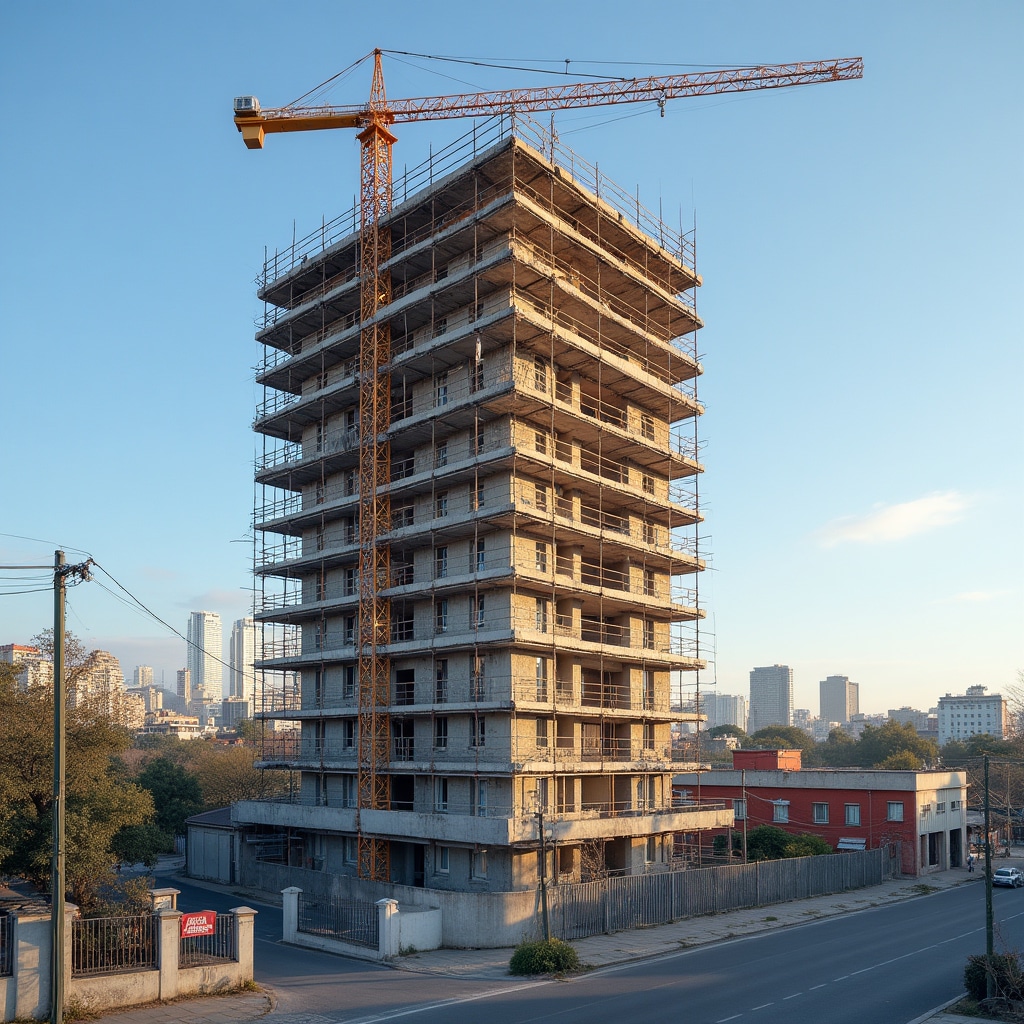 Medium shot of a construction site in an Argentine provincial city showing a residential building under construction with cranes and scaffolding, blue sky background, surrounding urban neighborhood context, professional documentary photography style