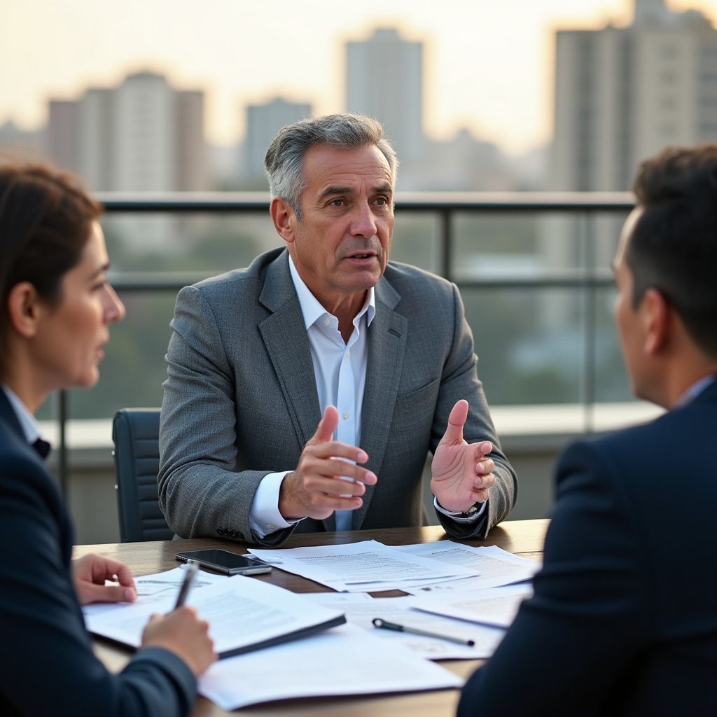 Three diverse financial professionals aged 40-50 in formal business attire analyzing real estate crowdlending documents on an outdoor terrace, warm afternoon light, Buenos Aires urban backdrop, focused and engaged expressions